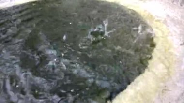 Büyük su deposundan parlayan yağmur damlalarının yakın plan videosu, su kabın kenarından akıyor, arka planda beton zemin var. Güney Tayland 'da yağmurlu gün kavramı.