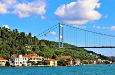 Scenic beauty of landscape waterfront homes and the bridge at Bosphorus strait, Istanbul, Turkiye.