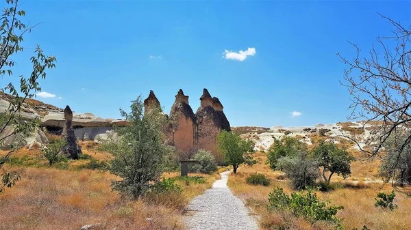 Amazing Scenery Pathway Fairy Chimneys Conical Volcanic Rocks Cappadocia Turkiye — Stock Photo, Image