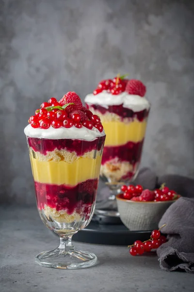 Trifles Layered Dessert Glass Berry Jelly Custard Sponge Whipped Cream — Stock Photo, Image