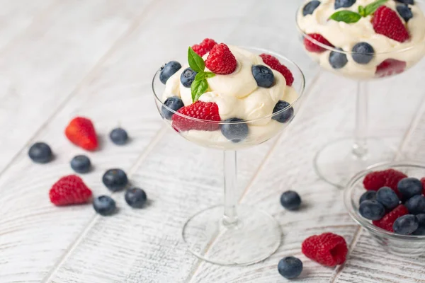 Mascarpone Whipped Cream Fresh Berries White Wood Table — Stock Photo, Image