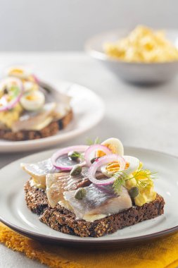 İskandinav Samdwich - Smorrebrod - tereyağlı çavdar ekmeği, ringa balığı, körili mayonez, haşlanmış yumurta, kapari ve kırmızı soğan karışımı elmalar.