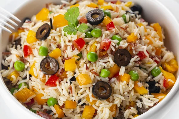 Close Mixed White Red Grain Cooked Rice Fresh Vegetables Yellow — Stock Photo, Image