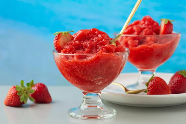 Strawberry Granita Siciliana Semi Frozen Italian Dessert Sea Background — Stock Photo, Image