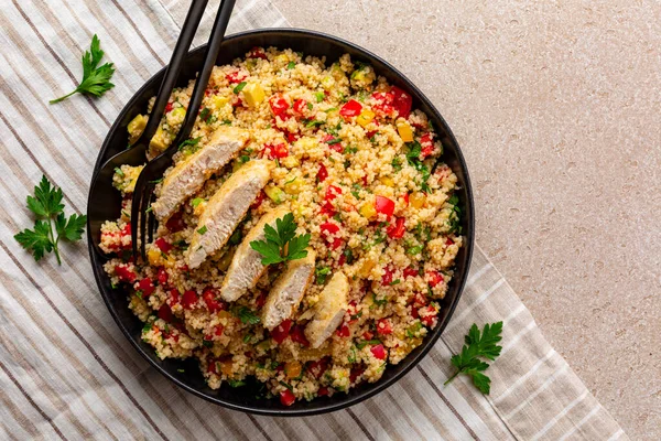 Couscous Salad Chicken Breast Vegetables Tomatoes Avocado Bell Pepper Parsley — Stock Photo, Image