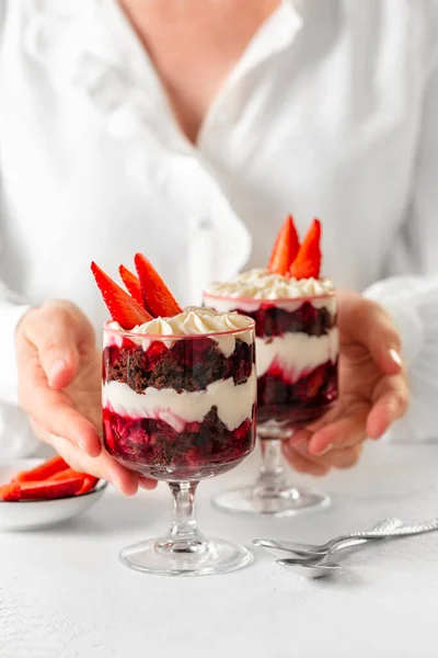 Woman Holding Chocolate Brownie Trifle Cream Cheese Strawberries Dessert Wine — Stock Photo, Image