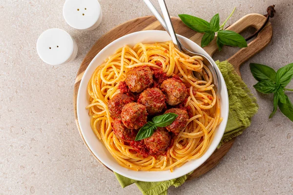 Spaghettis Bœuf Boulettes Viande Sauce Tomate Vue Dessus Espace Copie — Photo