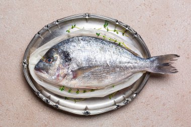 Balık dorado ya da aromatik bitkilerle bezenmiş balık gümüşü tabakta pişirilmeye hazır..