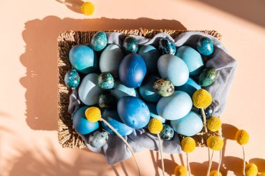 Ev yapımı mavi renkte doğal boyanmış yumurtalar.