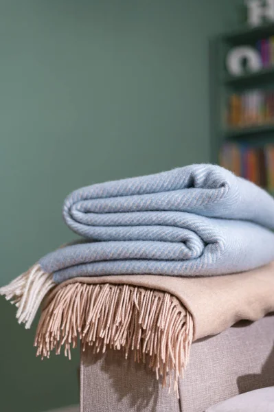 Stack of woolen checked blankets — Stock Photo, Image