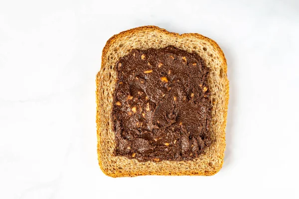 Slice Open Sandwiche Wholegrain Bread Chocolate Crunchy Almond Butter Healthy — Stock fotografie