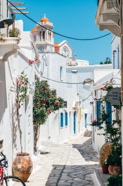 Pyrgos, Tinos, Greece: July 21, 2022: Details and streets of village of Pyrgos with Cycladic houses and the Bougainvillea flowers tree on Tinos island, Cyclades, Greece