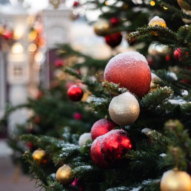 Christmas and New Year time, amazing Xmas decorations on pine trees with real snow, blurred background