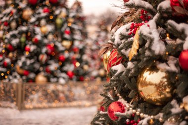 Christmas and New Year time, amazing Xmas decorations on pine trees with real snow, blurred background