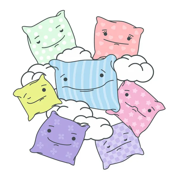 Vector Desenhos Animados Travesseiros Adoráveis Conjunto Desenhado Mão Travesseiros Decorativos — Vetor de Stock