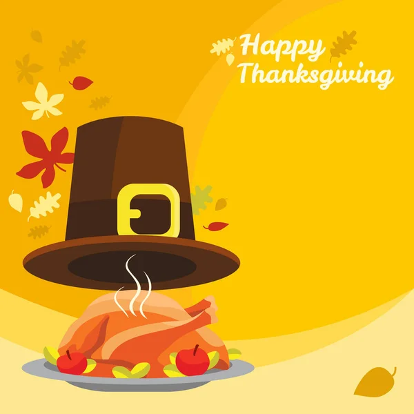 Geçmiş Şükran Günü kartın kutlu olsun. Kızarmış hindi ya da şapkalı ve yapraklı tavuk. Vektör illüstrasyonu