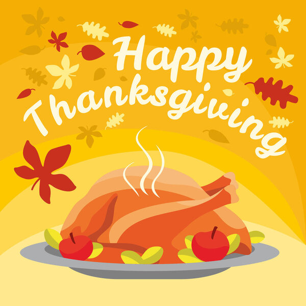 Happy Thanksgiving card, background. Roast turkey or chicken. Vector illustration.