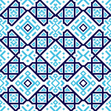 Simetrik geometrik desenli kusursuz bir oryantal desen. Etnik vektör mavi desen