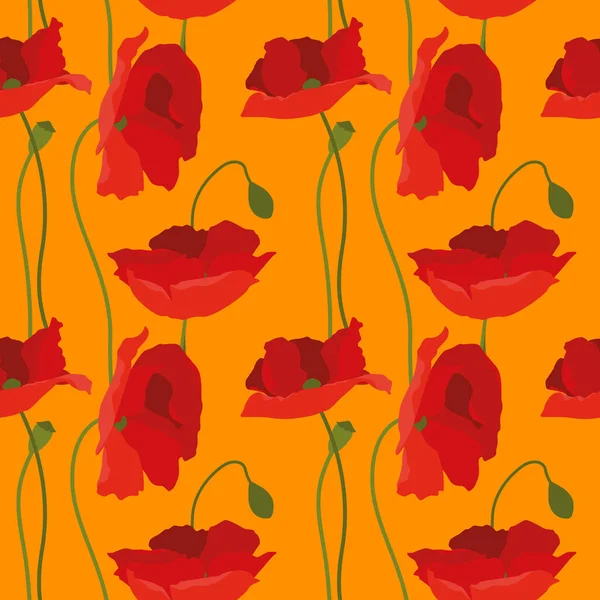 Kırmızı gelincik çiçekleri ve turuncu arka planda tomurcukları olan kusursuz bir desen.