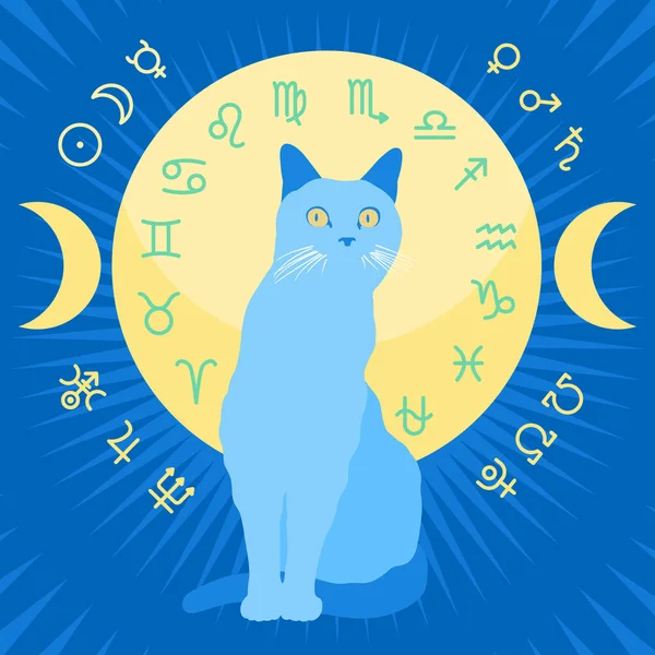Kedi ve Ay, mavi arka planda burçlar. Astroloji klibi. Gezegenlerin işaretleri. Gizem, baskı, kartpostal, burç işaretleri, yıldızlar.