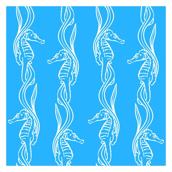 Beyaz deniz atı ve yosunlu kusursuz mavi desen.