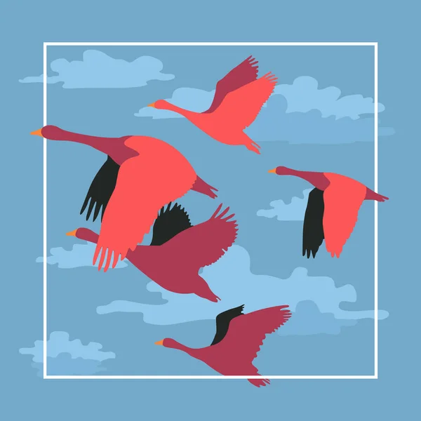 Gökyüzünde uçan yaban ördeği. Göçmen kuşlar. Vektör çizimi.