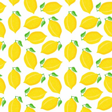 Örnek limon. Limonlu desen ve beyaz arka planda yapraklar. Tekstil imalatı için mükemmel duvar kağıdı posterleri vesaire. Vektör illüstrasyonu