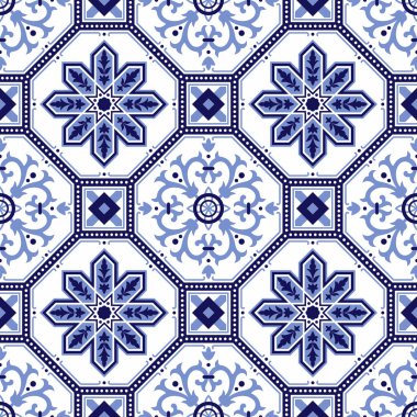 Portekiz fayanslarıyla kusursuz desen. Vektör çizimi. Portekiz vektör kiremitleri deseni. Talavera deseni. Azulejos Portekiz. Türk süsü. Fas fayans mozaiği. İspanyol porseleni.