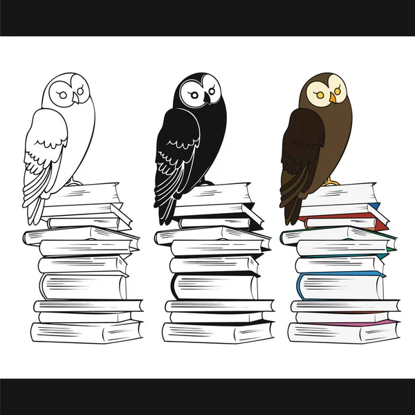 Baykuş kitap yığınının üzerinde oturuyor. Vektör illüstrasyonu