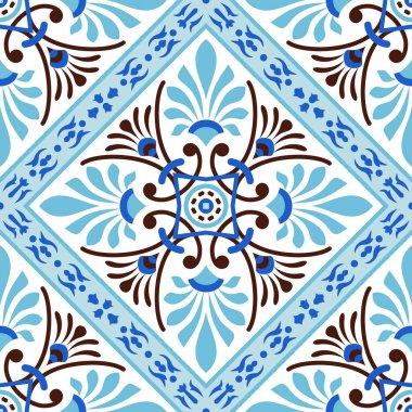 Portekiz fayanslarıyla kusursuz desen. Vektör çizimi. Portekiz vektör kiremitleri deseni. Talavera deseni. Azulejos Portekiz. Türk süsü. Fas fayans mozaiği. İspanyol porseleni.