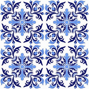 Portekiz fayanslarıyla kusursuz desen. Vektör çizimi. Portekiz vektör kiremitleri deseni. Talavera deseni. Azulejos Portekiz. Türk süsü. Fas fayans mozaiği. İspanyol porseleni.