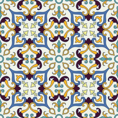Portekiz fayanslarıyla kusursuz desen. Vektör çizimi. Portekiz vektör kiremitleri deseni. Talavera deseni. Azulejos Portekiz. Türk süsü. Fas fayans mozaiği. İspanyol porseleni.