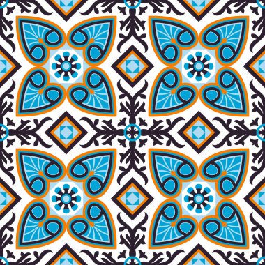 Portekiz fayanslarıyla kusursuz desen. Vektör çizimi. Portekiz vektör kiremitleri deseni. Talavera deseni. Azulejos Portekiz. Türk süsü. Fas fayans mozaiği. İspanyol porseleni.