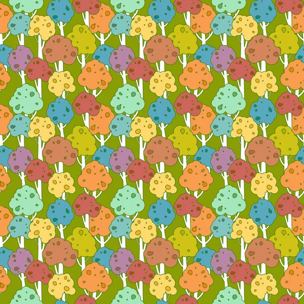 Renkli ormanla kusursuz bir desen. Çoklu renkli ağaçlarla vektör arkaplanı