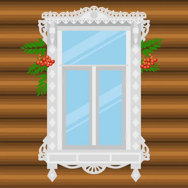 Geleneksel Rus ve Slav ahşap pencereleri ve Rowan 'ın dalları. vektör illüstrasyonu