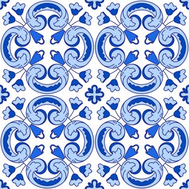 Portekiz fayanslarıyla kusursuz desen. Vektör çizimi. Portekiz vektör kiremitleri deseni. Talavera deseni. Azulejos Portekiz. Türk süsü. Fas fayans mozaiği. İspanyol porseleni.