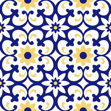 Portekiz fayanslarıyla kusursuz desen. Vektör çizimi. Portekiz vektör kiremitleri deseni. Talavera deseni. Azulejos Portekiz. Türk süsü. Fas fayans mozaiği. İspanyol porseleni.