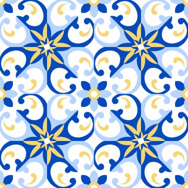 Portekiz fayanslarıyla kusursuz desen. Vektör çizimi. Portekiz vektör kiremitleri deseni. Talavera deseni. Azulejos Portekiz. Türk süsü. Fas fayans mozaiği. İspanyol porseleni.