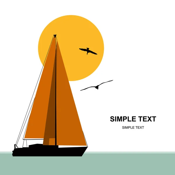 Vektör bayrağı. Yatlı mavi deniz. Yatla gün batımı. Yatla deniz seyahati. Yatçılık. Yelkenli gemi deniz kıyısında yol alıyor..