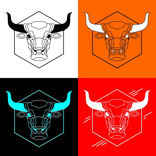 Çeşitli renklerde inek ya da boğa başı örnekleri. Bir boğanın geometrik kafası. İzole edilmiş Düz Çizim