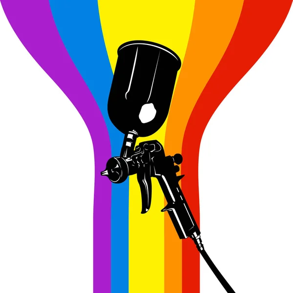 Renkli boyalı sprey tabanca ve renkli boya dalgaları.