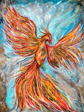 Phoenix fiery bird. Awesome artwork painted by gold and mixed technique. Stylish paint for home or office.
