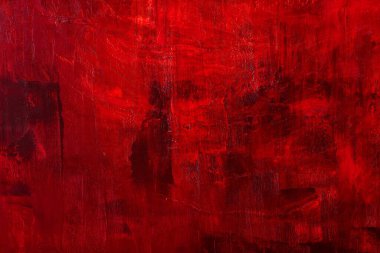 Koyu kırmızı, desenli çekici bir tablo, yeni tarz bir arka plan. El çizimi yağlı boya. Soyut sanat geçmişi. Tuval üzerine yağlı boya boya. Renk dokusu. Kırmızı sanat eserinin bir parçası. Boya lekeleri.