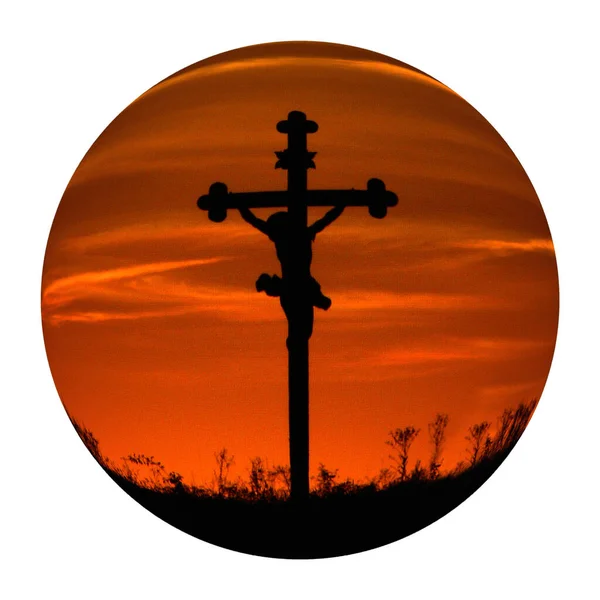 テーマイエス キリストの十字架刑の対象とイースター キャンバス効果のある球体に描かれた日没時の感情的な十字 — ストック写真