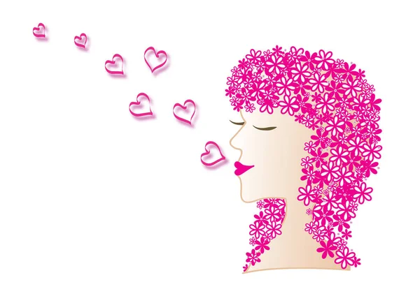 Послание Валентина Женщины Поцелуями Женская Голова Цветочными Волосами Сердца Целующиеся — стоковый вектор