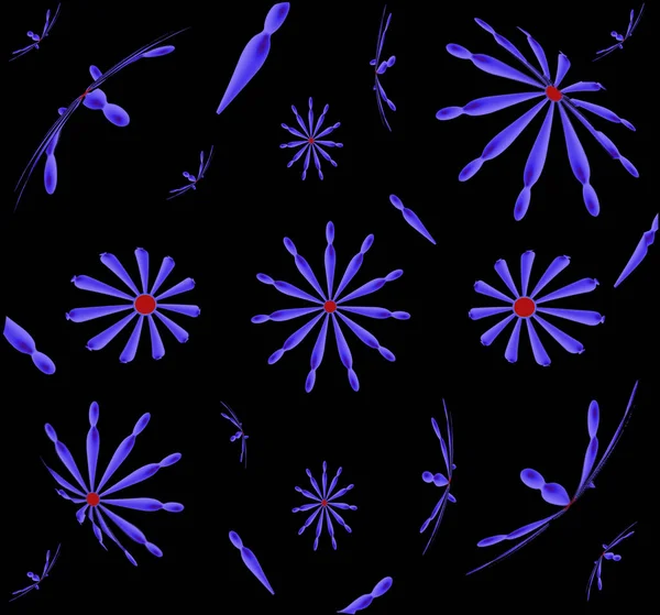 Νυχτερινά Ακανόνιστα Ιπτάμενα Αντικείμενα Φανταστικό Φόντο Μπλε Λουλούδια Διαφορετικά Σχήματα — Φωτογραφία Αρχείου