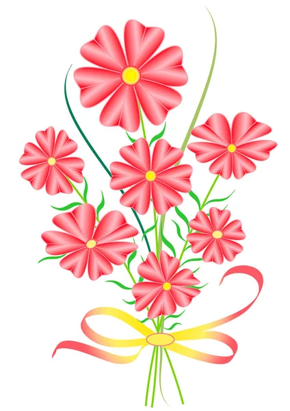 赤い花を咲かせる花束のイラスト ギフトの白い背景のためのリボンと花束 — ストック写真
