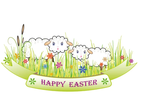 Theme Happy Easter Two Little Lambs Illustration Sheep Flowering Meadow — Stock Vector