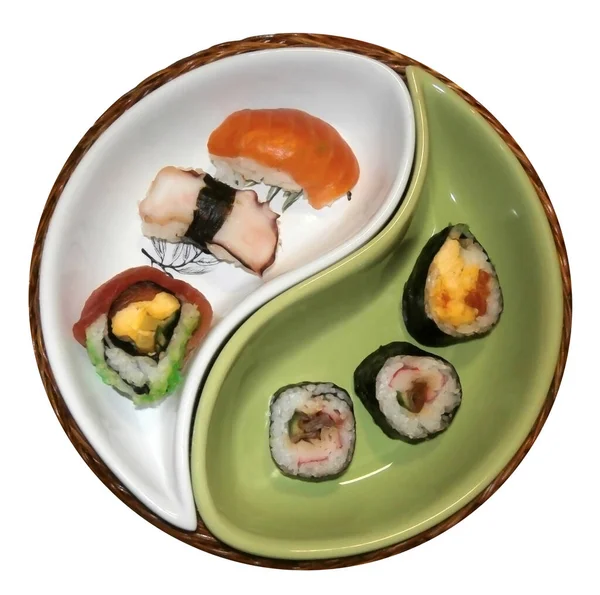 Comida Tradicional Japonesa Sushi Seis Tipos Rollos Rollos Colocan Cuencos — Foto de Stock
