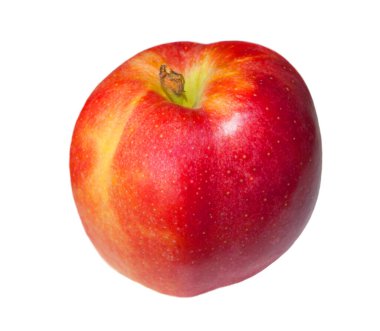 Bir olgun brindle kırmızı-sarı elma. Taze meyveler, beyaz arka planda sapı olan kırmızı elmalar..